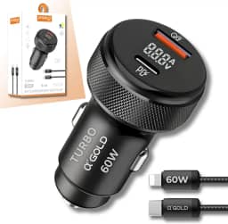 Carregador Veicular Turbo 60W MTS com Cabo IOS para Automóvel – 2 Portas USB + USB-C, Carrega 2 Dispositivos ao Mesmo Tempo, Alta Velocidade, Potente 9.1A, Compatível com iPhone e Android
