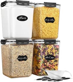 YASHE Potes Herméticos para Alimentos, 5,3L, Conjunto com 4, Recipientes de Plástico para Farinha, Açúcar, Arroz, Organização de Cozinha e Despensa
