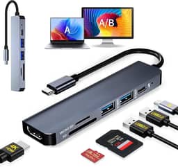 Adaptador Hub USB-C Multiportas 6 em 1, MTS, HDMI 4K, USB 3.0, USB 2.0, Leitor SD/TF, USB-C PD 100W – Tipo C para Notebook, MacBook, Alumínio Compacto, Alta Velocidade, Plug & Play, Multiportas