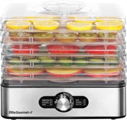 Elite Gourmet EFD3321X Desidratador de alimentos, bandejas de aço inoxidável, controles de temperatura ajustáveis, carne seca, ervas, frutas, vegetais, lanches secos, aço inoxidável