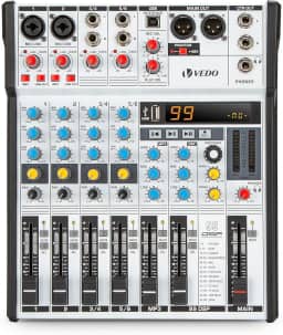 VEDO Mesa de Som Ultrafina de 6 Canais com 99 Efeitos DSP, Bluetooth 5.0, USB/OTG, Alimentação Fantasma de 48V, EQ de 3 Bandas para Apresentações ao Vivo, Gravações, Reuniões e Estúdio Doméstico