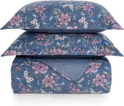 Kit Cobre Leito Colcha Boutis 3 Peças Matelado Ultrassônico Estampado Dupla Face Porta Travesseiro Aba Americana Micro Percal 150 Fios (Catarina Azul, Casal)