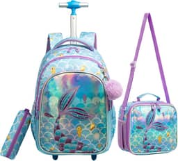 Mochila Rodinha Escolar Infantil de Lancheira e Estojo Lápis Ideal para Meninos e Meninas de 7 a 12 Anos (sereia02)