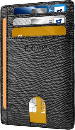 Carteira de couro fina minimalista com bolso frontal com bloqueio de RFID para homens e mulheres