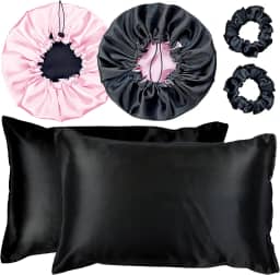 Kit 2 Fronha De Cetim Seda + 2 Toucas + 2 Xuxinhas (Preto/Rosa)