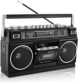 WISCENT Boombox vintage clássico dos anos 80, leitor de cassete com Bluetooth, rádio AM/FM/SW, alto-falantes estéreo de 24 W, compartimentos para cartão USB/SD, conector de fone de ouvido, preto