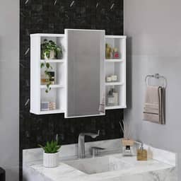 Espelheira Para Banheiro Com Nichos Armário Aéreo Com Espelho Organizador Madri (Branco)