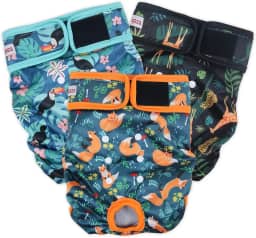 Fraldas Laváveis para Cães (Pacote com 3), Fraldas Reutilizáveis para Cães para Período de Calor Canino, Fraldas Reutilizáveis para Cães Fêmeas (Girafa, Tucano, Raposa, Pequeno)