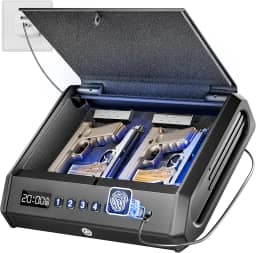 O cofre biométrico grande para armas serve para 4 pistolas, 100 conjuntos de cofre de armas de impressão digital com luz interna e modo silencioso, fonte de alimentação de emergência, caixa de trava