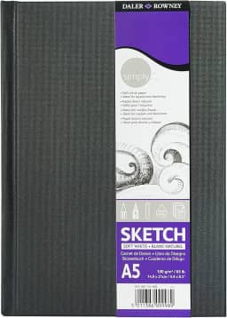 Daler-Rowney Simply Medium Grain 100gsm Hardback A5 Sketchbook, branco macio, 54 folhas, bloco de desenho básico, ideal para artistas iniciantes e amadores