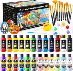 Conjunto de 40 peças de tinta acrílica clássica, metálica e pastel com 12 pincéis, 2 facas e paleta, 24 cores (60 ml) - para adultos, crianças, artistas e iniciantes - Kit de pintura de artes e
