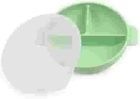 Prato/Tigela em silicone com tampa e divisórias para bebês. Verde.
