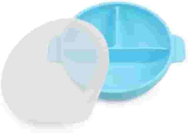 Prato/Tigela em silicone com tampa e divisórias para bebês. Azul