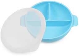 Prato/Tigela em silicone com tampa e divisórias para bebês. Azul