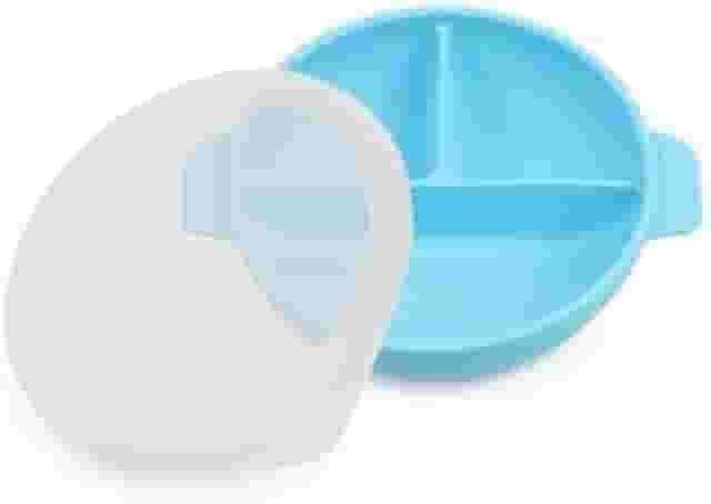 Prato/Tigela em silicone com tampa e divisórias para bebês. Azul