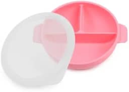 Prato/Tigela em silicone com tampa e divisórias para bebês. Rosa