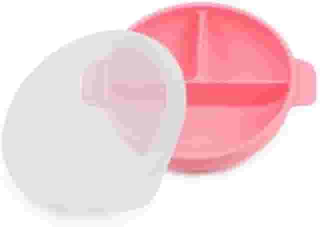 Prato/Tigela em silicone com tampa e divisórias para bebês. Rosa