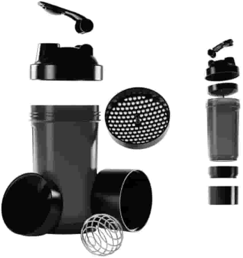 Coqueteleira Shaker 500ml, 3 em 1, com Compartimentos para Suplementos e Cápsulas, Peneira e Marcador ML/OZ