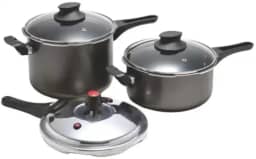 Kit Jogo com 2 Panelas de Pressão Antiaderente Fechamento Externo 3L e 4,5L Com 1 Tampa de Pressão e 2 Tampas Vidro Temperado