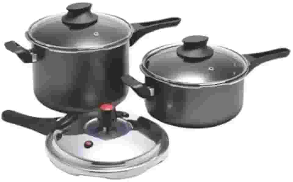 Kit Jogo com 2 Panelas de Pressão Antiaderente Fechamento Externo 3L e 4,5L Com 1 Tampa de Pressão e 2 Tampas Vidro Temperado