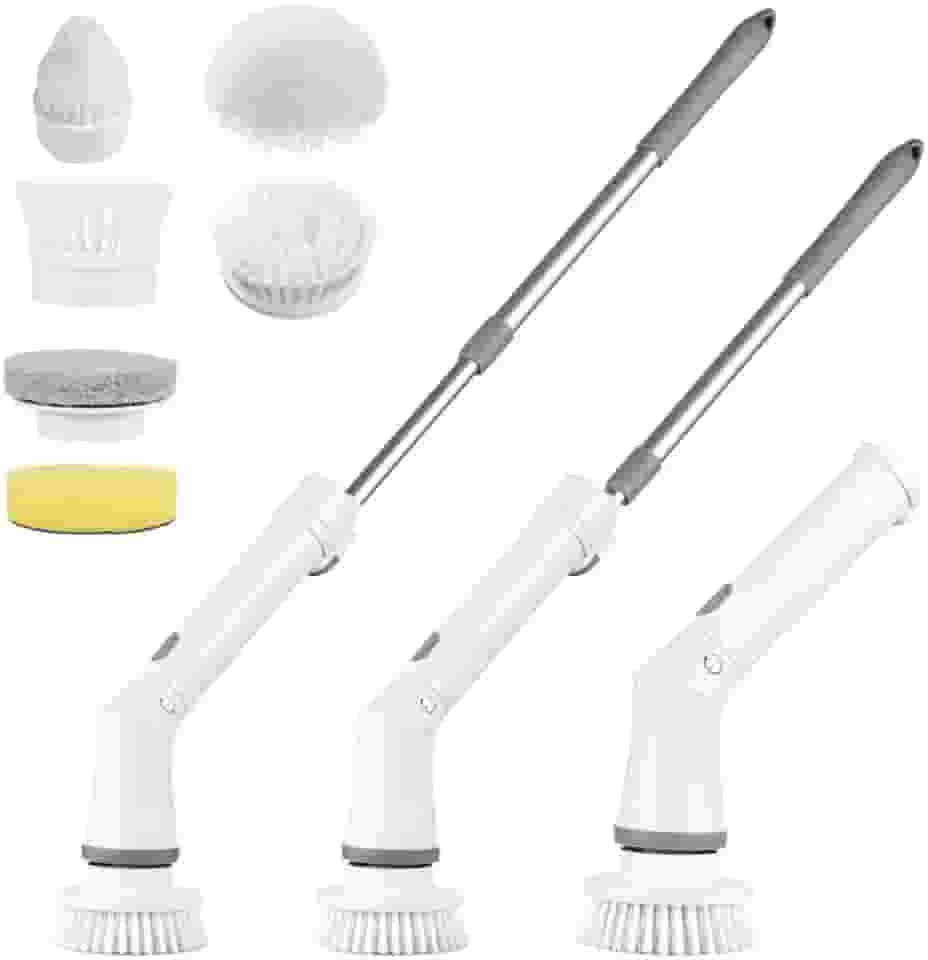 Escova de Limpeza Elétrica com Haste Extensível Ajuste de Ângulo Flexível Conjunto de 8 Cabeças Branco Recarregável Fácil de Utilizar