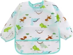 Babador Manga Longa Impermeável Cata Migalhas - Dinossaurios - Marrom/Verde/Azul