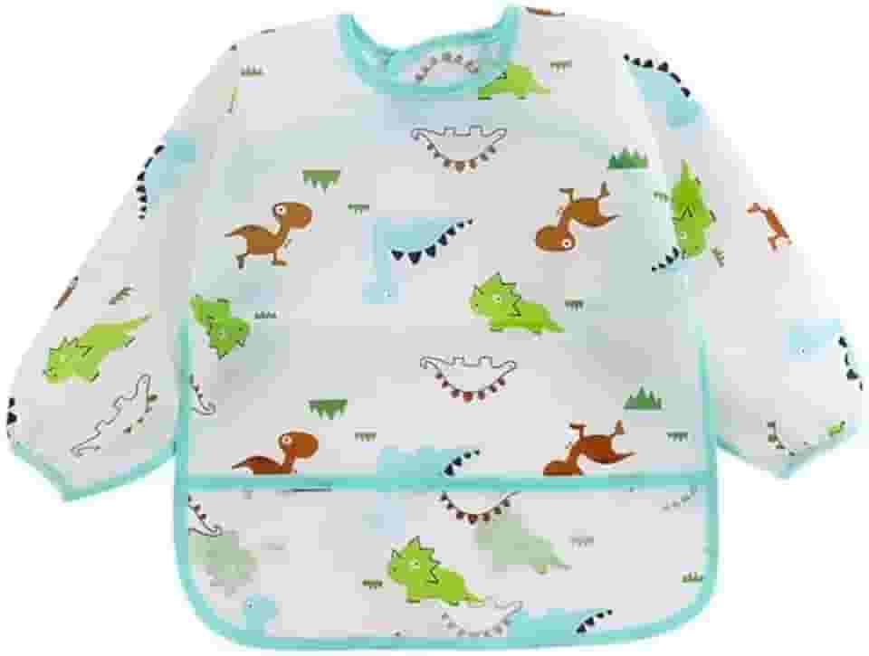 Babador Manga Longa Impermeável Cata Migalhas - Dinossaurios - Marrom/Verde/Azul