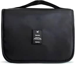 Nécessaire Organizadora de Viagem com Gancho – Bolsa Dobrável Impermeável com Divisórias para Higiene Pessoal, Maquiagem, Cosméticos – Unissex Compacta (PRETA)