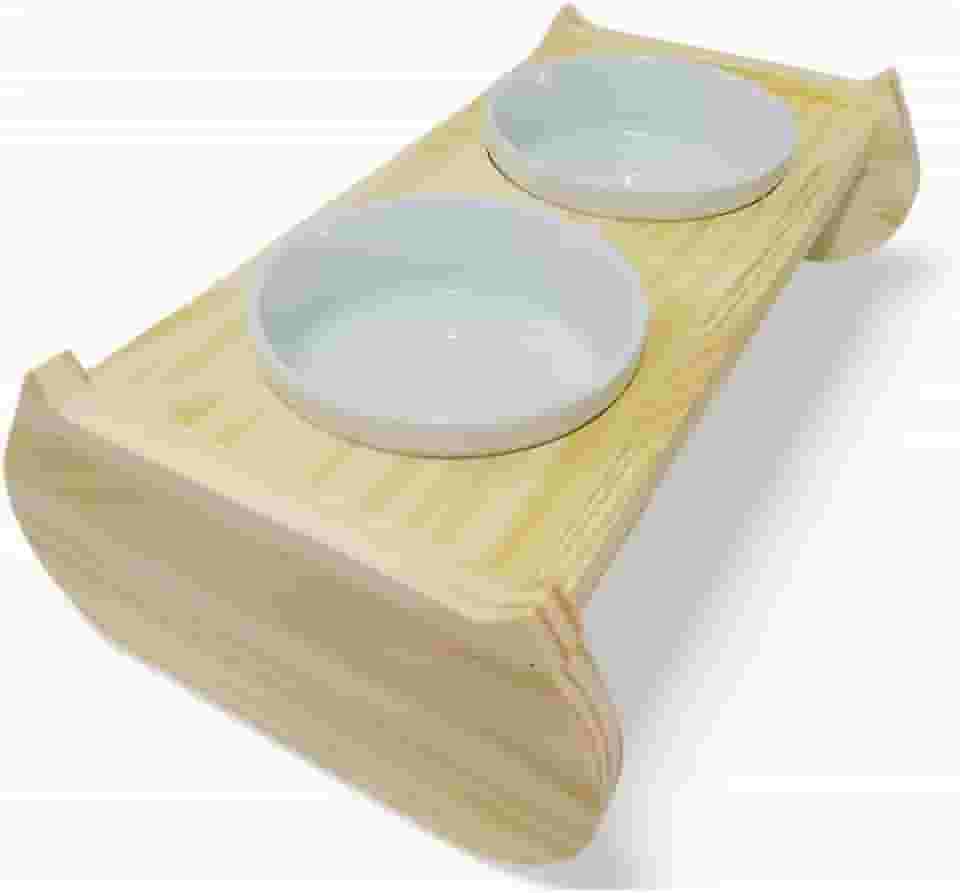 Comedouro Pet Elevado Para Gato Em Madeira Com 2 Tigelas de Porcelana Tamanho P