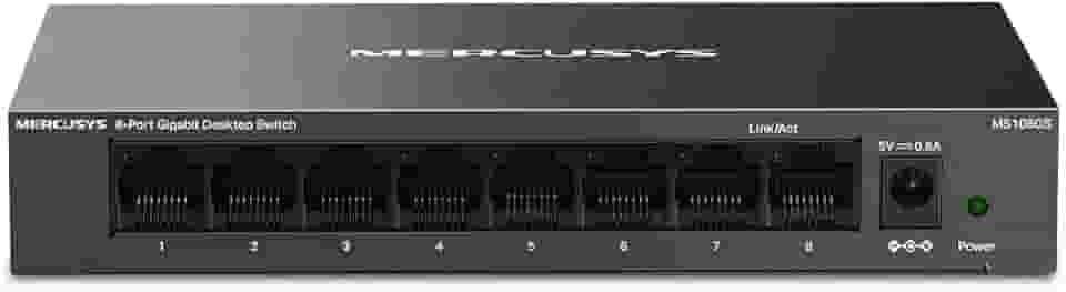 MS108GS: Switch Gigabit de 8 portas MERCUSYS, com auto negociação, Auto-MDI/MDIX, caixa metálica, economia de energia, instalação fácil, plug and play, sem necessidade de configuração.