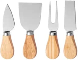 Kit Para Queijo 4 Peças em Aço Inox com Cabo de Bambu – Faca, Garfo e Espátulas para Cortar e Servir Queijos Frescos, Moles e Duros – Conjunto Gourmet para Vinhos, Petiscos e Tábuas de Frios