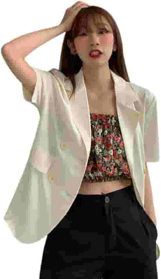Blazer feminino de manga curta casual de cor doce coreana, caimento solto, cor lisa, lapela entalhada