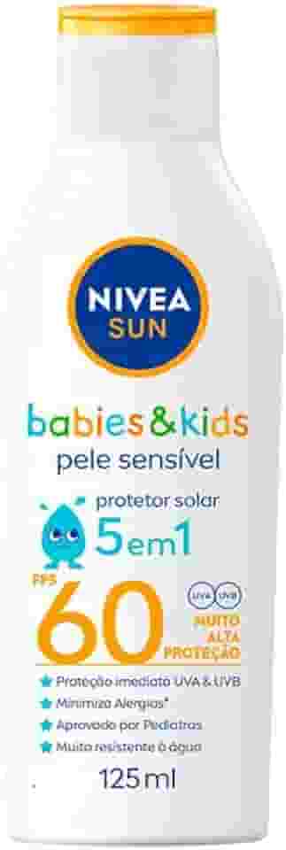 NIVEA SUN Protetor Solar Kids & Babies Pele Sensível FPS 60 125ml - Infantil, muito alta proteção UVA/UVB, minimiza o surgimento de alergias, muito resistente à água com proteção imediata