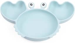 Pratinho caranguejo com divisória e ventosa em silicone para bebês. Azul.
