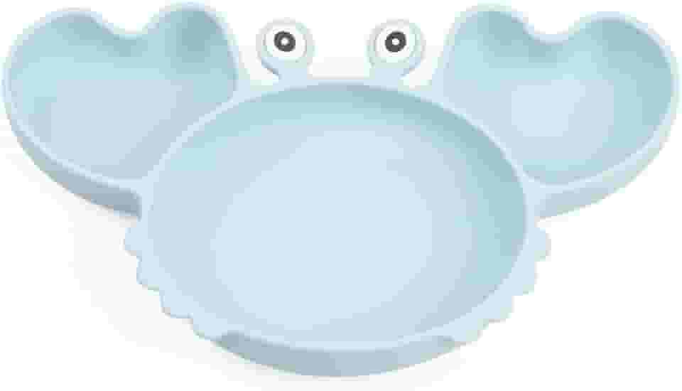 Pratinho caranguejo com divisória e ventosa em silicone para bebês. Azul.