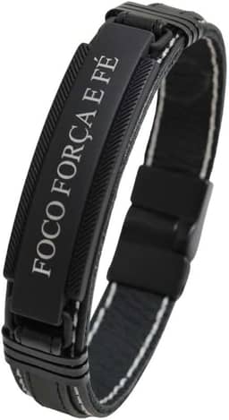 Pulseira de Couro Magnética Foco Força Fé Costura Branca