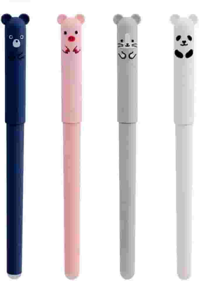 Conjunto Kit 4 Canetas Apagável Esferográfica 0.5mm Papelaria Fofa Kawaii Bichinhos Escola E Escritório