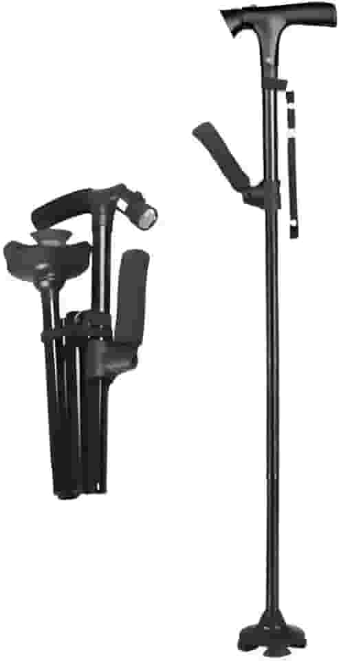 Bengala Dobrável com Luz LED, Ajustável em Altura, Base Larga Antiderrapante, Design Compacto, Haste de Apoio Auxiliar para Idosos e Mobilidade Reduzida, Preta