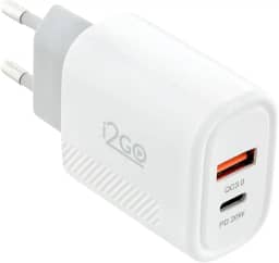 Carregador de Parede Ultra Rápido com 1 Saída USB-C Power Delivery 20W + 1 Saída USB-A 18W I2GO - i2GO PRO, Branco