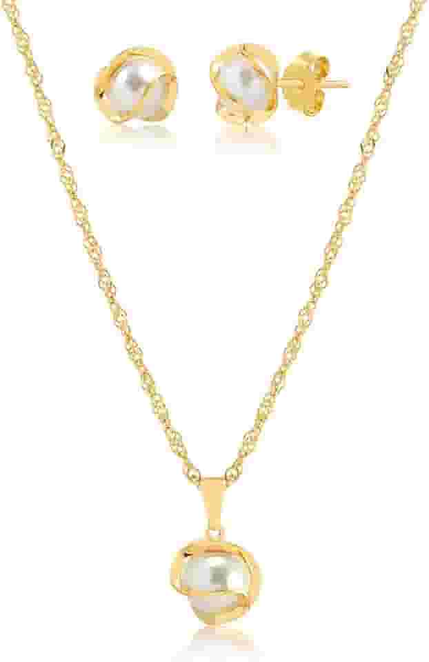 Conjunto Colar E Brinco Com Pingente de Pérola Folheado A Ouro 18k