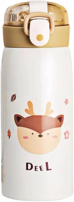Garrafa Térmica Garrafinha Térmica Infantil Inox Canudo Trava 350 ml - Desenho Dinossauro Coelho Carneiro Panda Rena - TYDA (Rena)