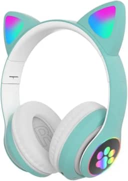 Fone De Ouvido Com Orelha de Gatinho Infantil Headphone Bluetooth com Luzes RGB para crianças tamanho ajustável dobrável (Verde/Branco)