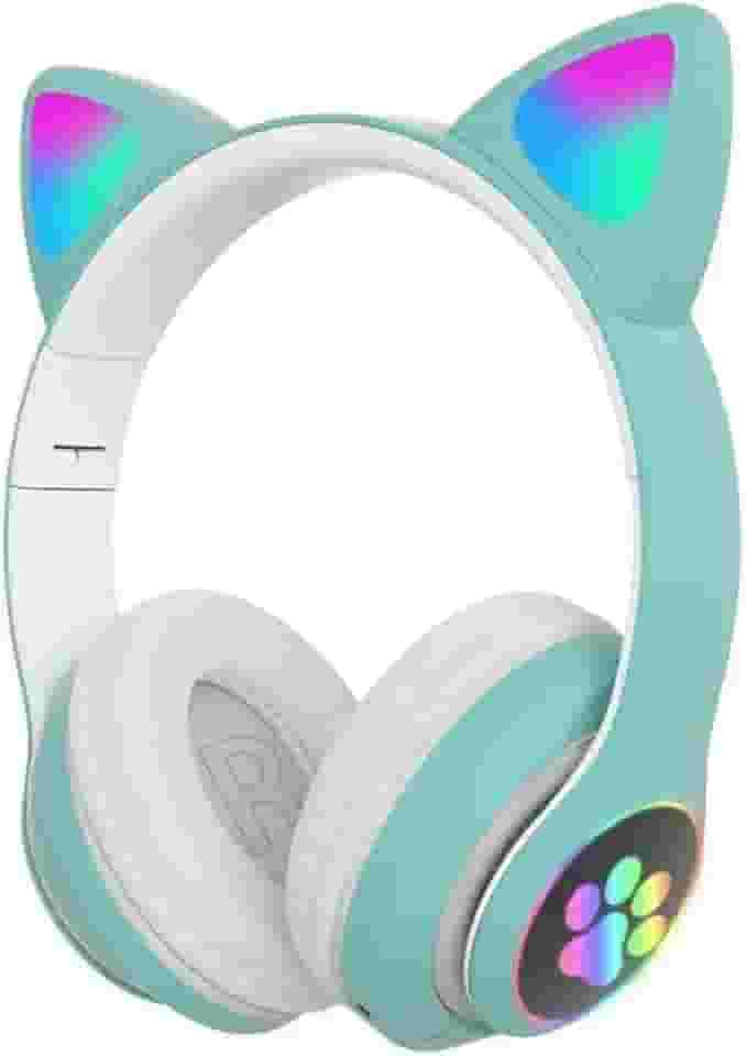 Fone De Ouvido Com Orelha de Gatinho Infantil Headphone Bluetooth com Luzes RGB para crianças tamanho ajustável dobrável (Verde/Branco)