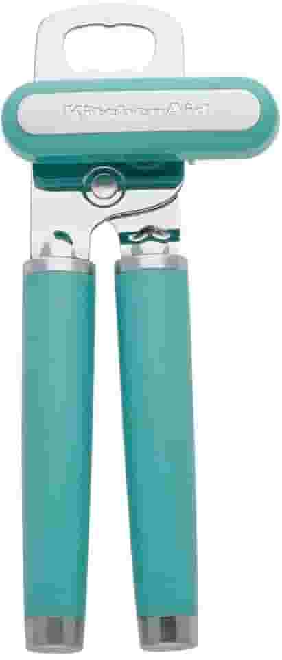 KitchenAid Abridor de latas multifuncional clássico e abridor de garrafas, fácil de usar, roda de corte de aço inoxidável afiada, alças ergonômicas macias, Aqua Sky