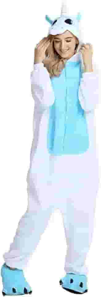 Kigurumi Masculino Roupa de Inverno Fantasia Pijama Unicornio Quentinho com Capuz Bordado Rosa Azul Roxo ou Branco