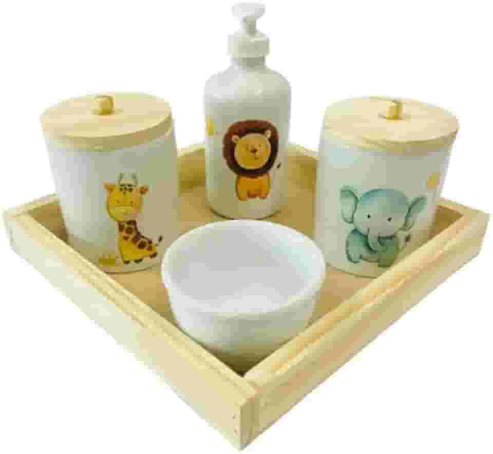 Kit Higiene Bebê Safari Porcelana c/bandeja quadrada lisa - sem garrafa