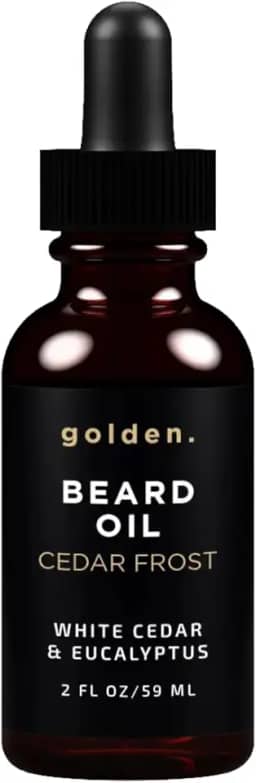 Óleo de barba Golden Grooming para homens | Kit de crescimento natural com óleo de rícino, óleo de jojoba e azeite de oliva | Doma, hidrata e modela | Perfume de gelo de cedro | 59 ml