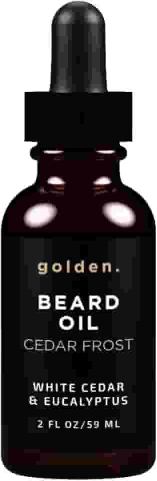 Óleo de barba Golden Grooming para homens | Kit de crescimento natural com óleo de rícino, óleo de jojoba e azeite de oliva | Doma, hidrata e modela | Perfume de gelo de cedro | 59 ml