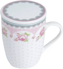 LYOR - Caneca de Porcelana Super White com Tampa e Filtro Rose Rosa/Branca 340ml