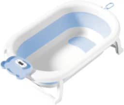 Kids Need - Banheira Infantil Grande 50 Litros Dobrável Retrátil Com Termómetro, Porta Sabonete e Porta Chuveirinho - Individual Ou Kit Com Almofada Assento Travesseiro Flutuande De Banho Para Bebê Com Alça Ajustável. (Banheira Azul Claro)